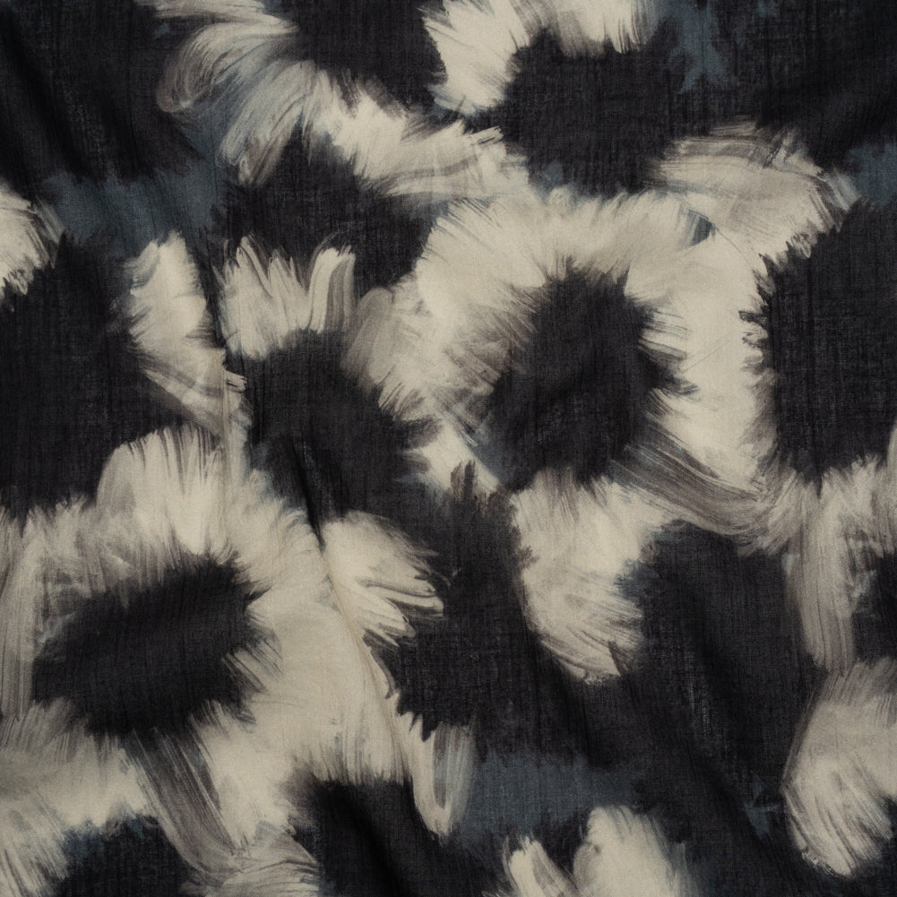 Crinkled Cotton Gauzy Woven - Dark Blue, Black and Cream Painterly Florals - Mood Exclusive Sunflower Strokes Print - Joann Fabrics