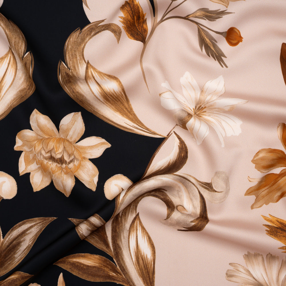 Polyester Satin - Black, Beige and Brown Flower Vine Stripes - Mood Exclusive Fleur de Rocaille Print - Joann Fabrics