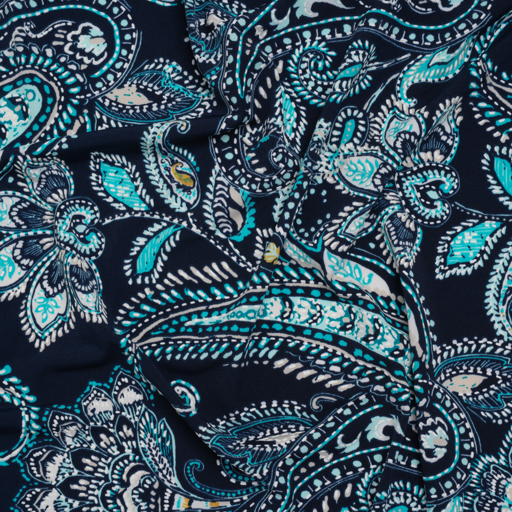 Stretch Polyester Tricot with Puff Print Details - Navy, Teal and White Paisley with Borders - Designer Deadstock - Joann Fabrics