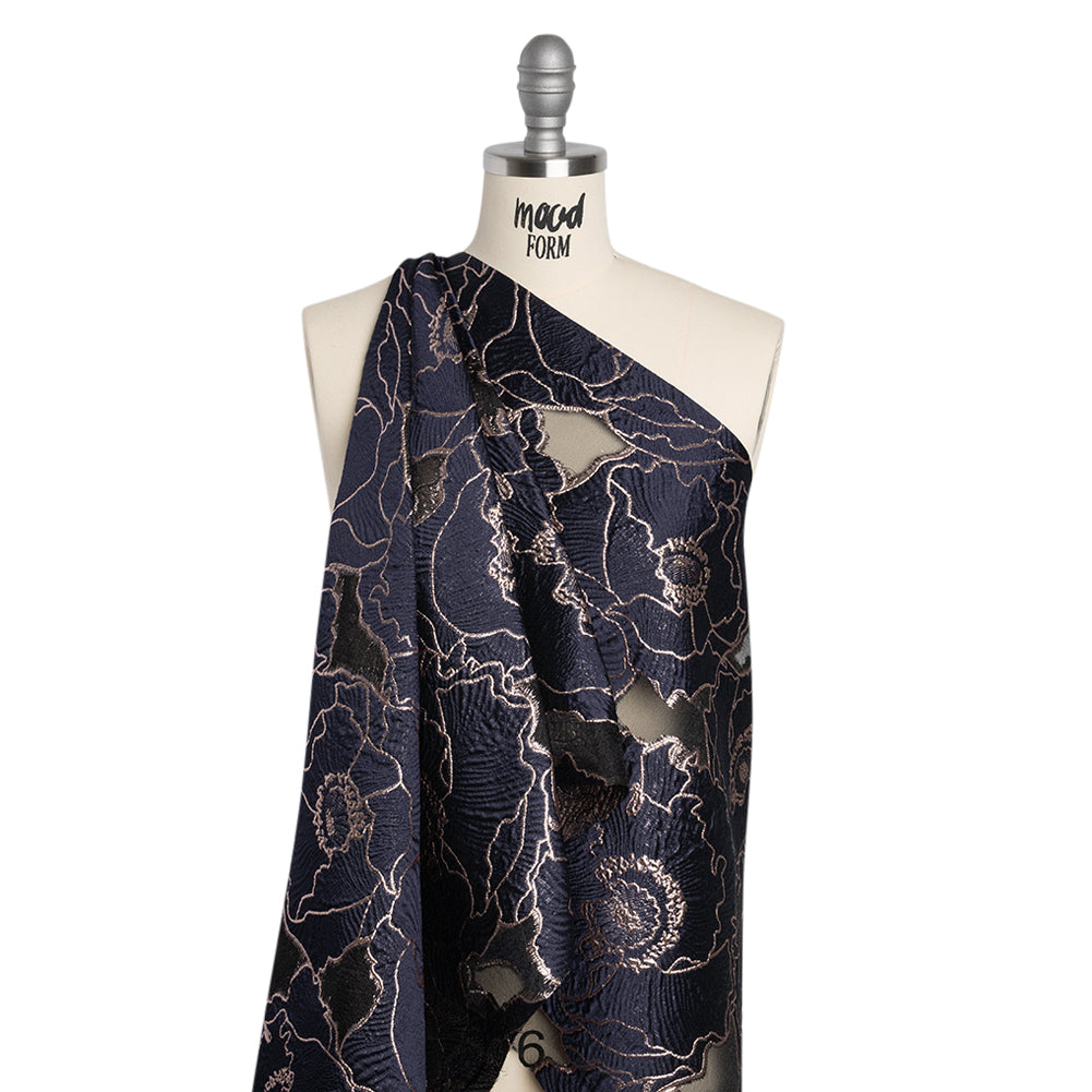 Metallic Burnout Brocade - Navy Blue and Rose Gold All-Over Outlined Flowers - Joann Fabrics