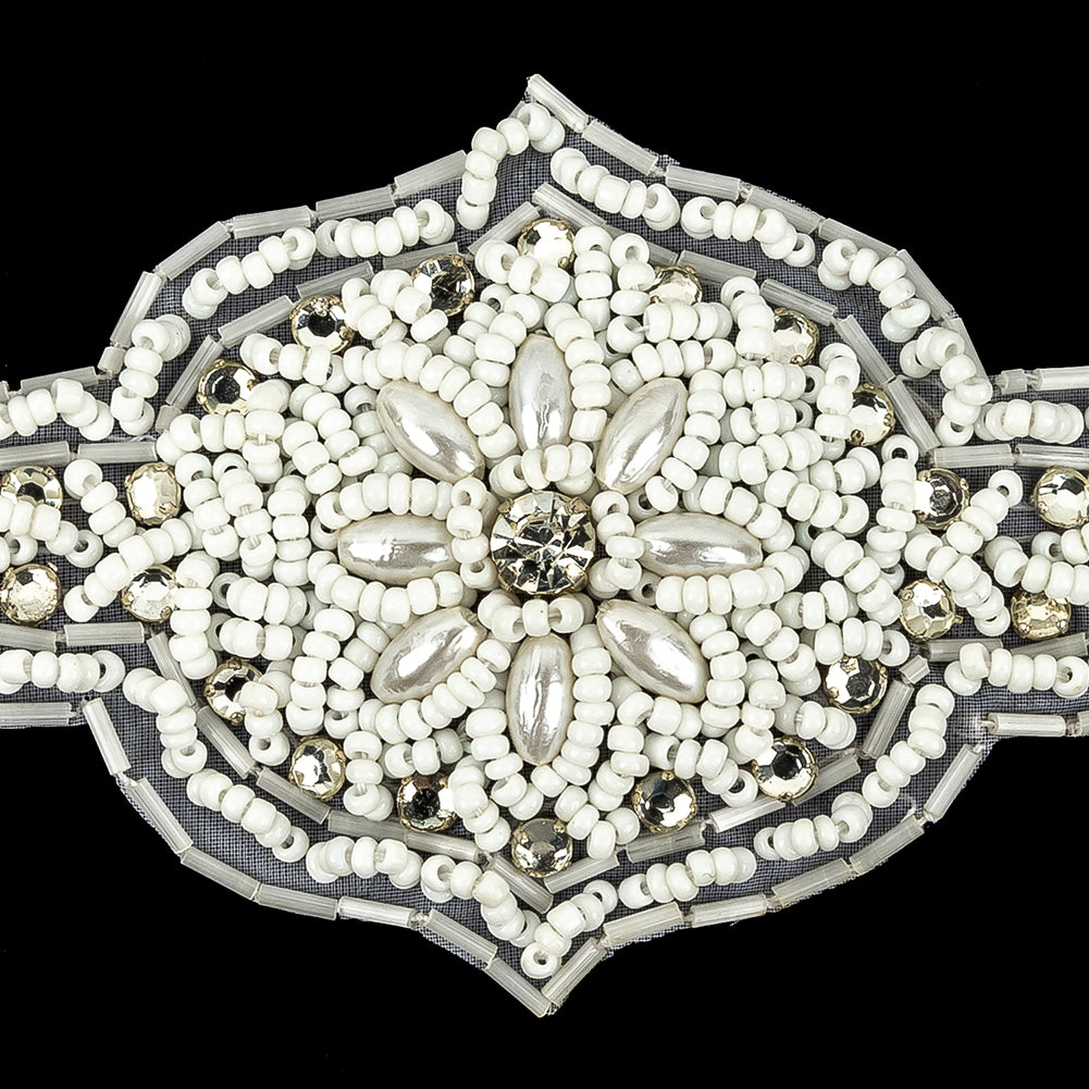 Vintage White Beaded and Rhinestone Floral Diamond Shaped Applique - 5.75