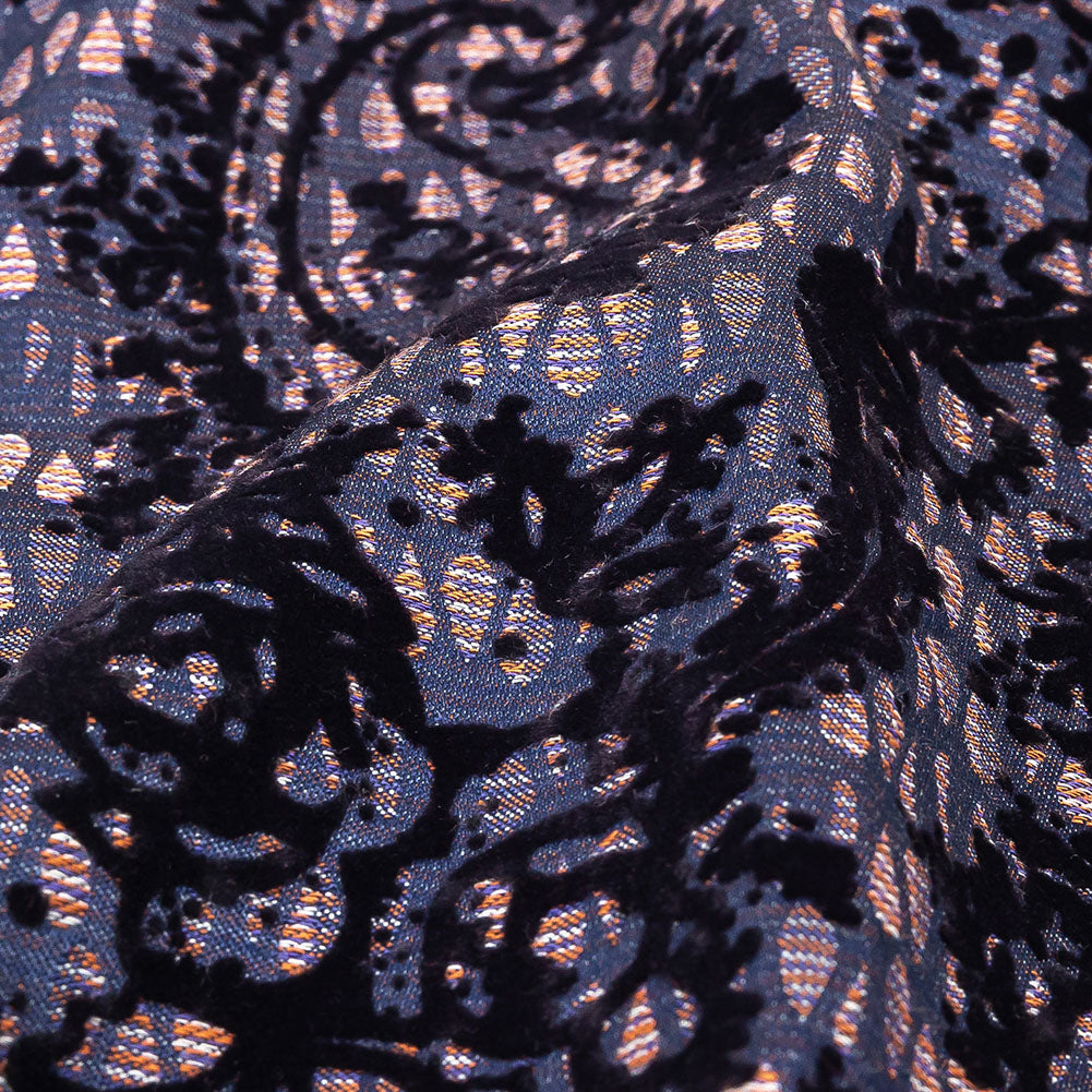 Orange, Purple and Blue Stripes and Teardrops Cotton and Polyester Jacquard with Navy Paisley Flocking - Joann Fabrics
