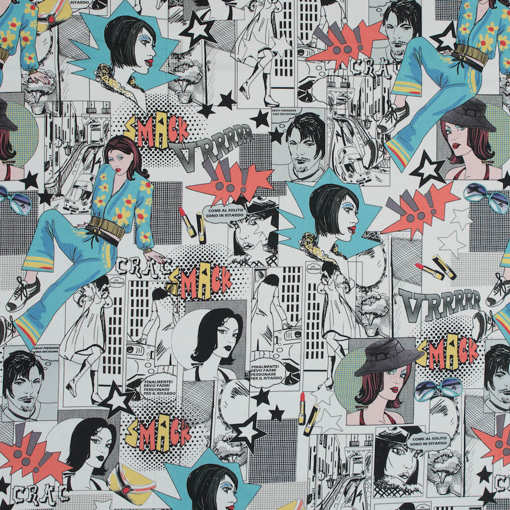 Stretch Cotton Sateen - White Pop Icons - White Fashionably Late Print - Mood Exclusive Comic Collection - Joann Fabrics