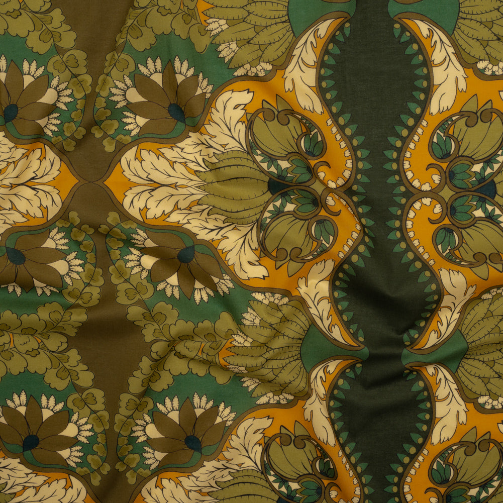 Cotton Voile - Olive Green, Teal and Mango Orange Wavy Floral Stripes - Nymph’s Harvest Print - Mood Exclusive Acadia Collection - Joann Fabrics