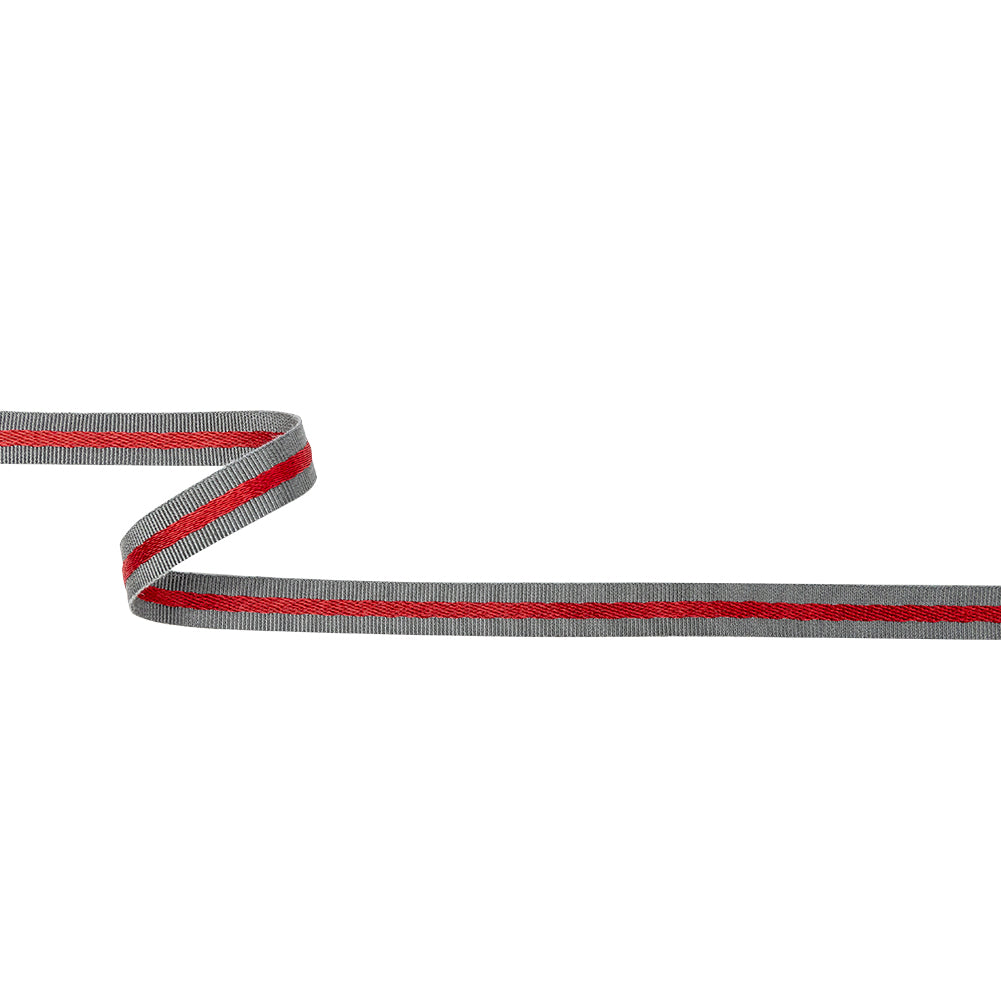 Italian Gray and Red Striped Cotton Blend Grosgrain Ribbon - 0.4375