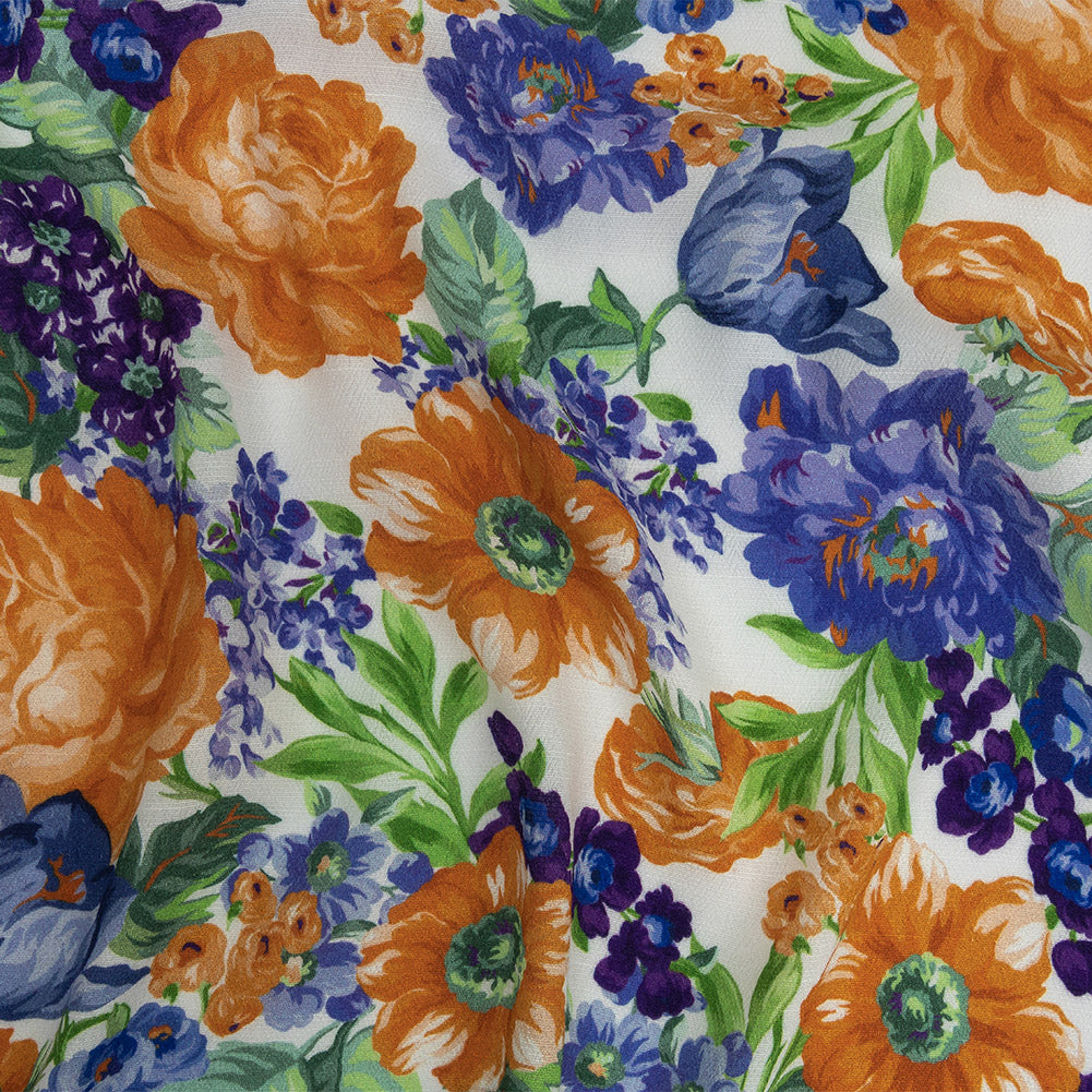 Gauzy Viscose Crepe Print - White, Blue and Orange Floral - Mood Exclusive Flowers by Vincent - Joann Fabrics