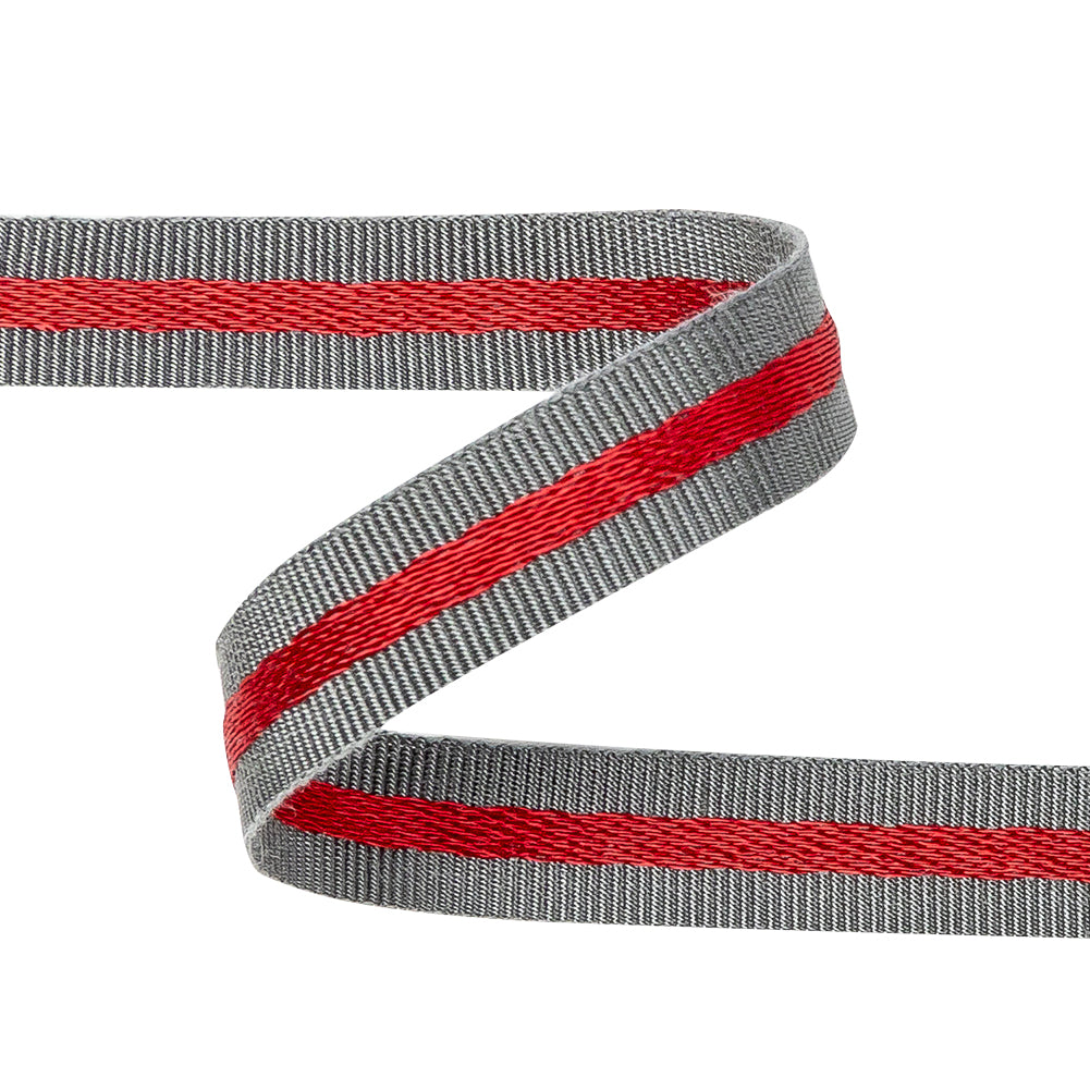 Italian Gray and Red Striped Cotton Blend Grosgrain Ribbon - 0.4375