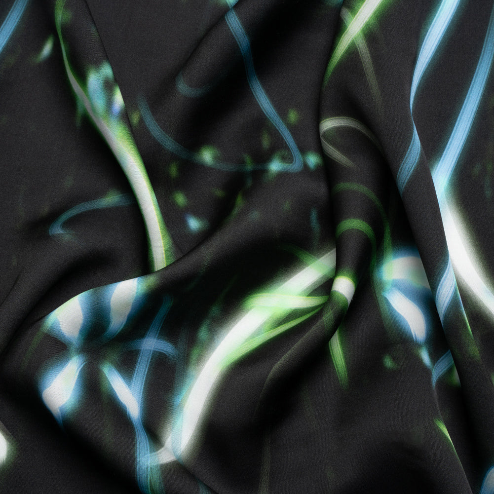 Sustainable and Recycled Viscose Satin Print - Green and Blue Light Streaks - Mood Exclusive Shutter Speed Racer - Joann Fabrics
