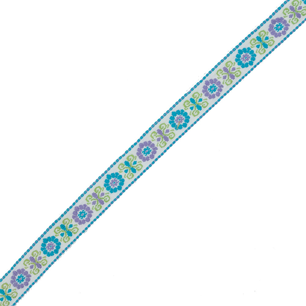 Green, Purple and Blue Floral German Jacquard Ribbon - 0.75