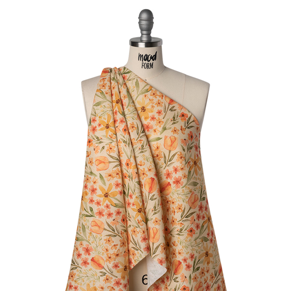 Medium Weight Linen Woven Print - Cream, Orange and Green Tulip Garden - Joann Fabrics