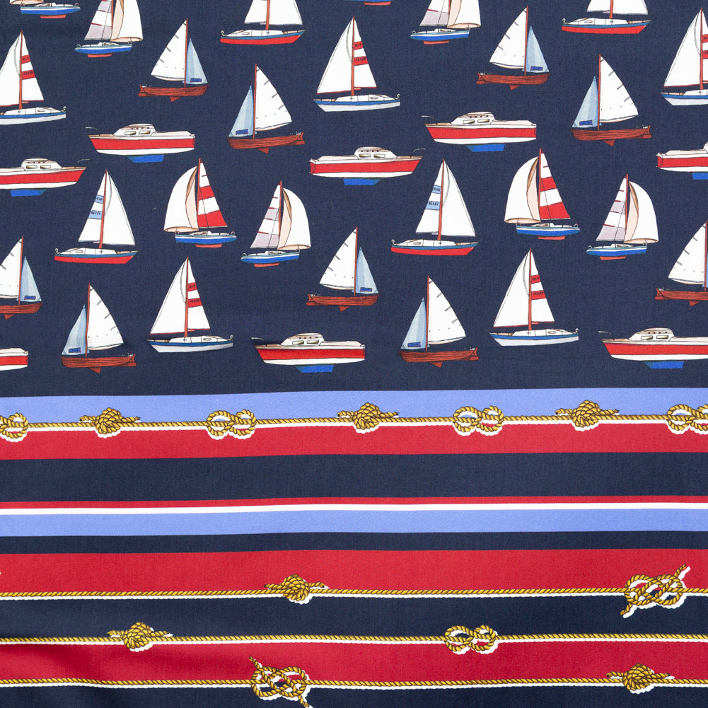 Stretch Cotton Sateen Panel - Red, White and Blue Sailboats and Stripes - Shipyard Surveys Print - Mood Exclusive St. Tropez Collection - Joann Fabrics