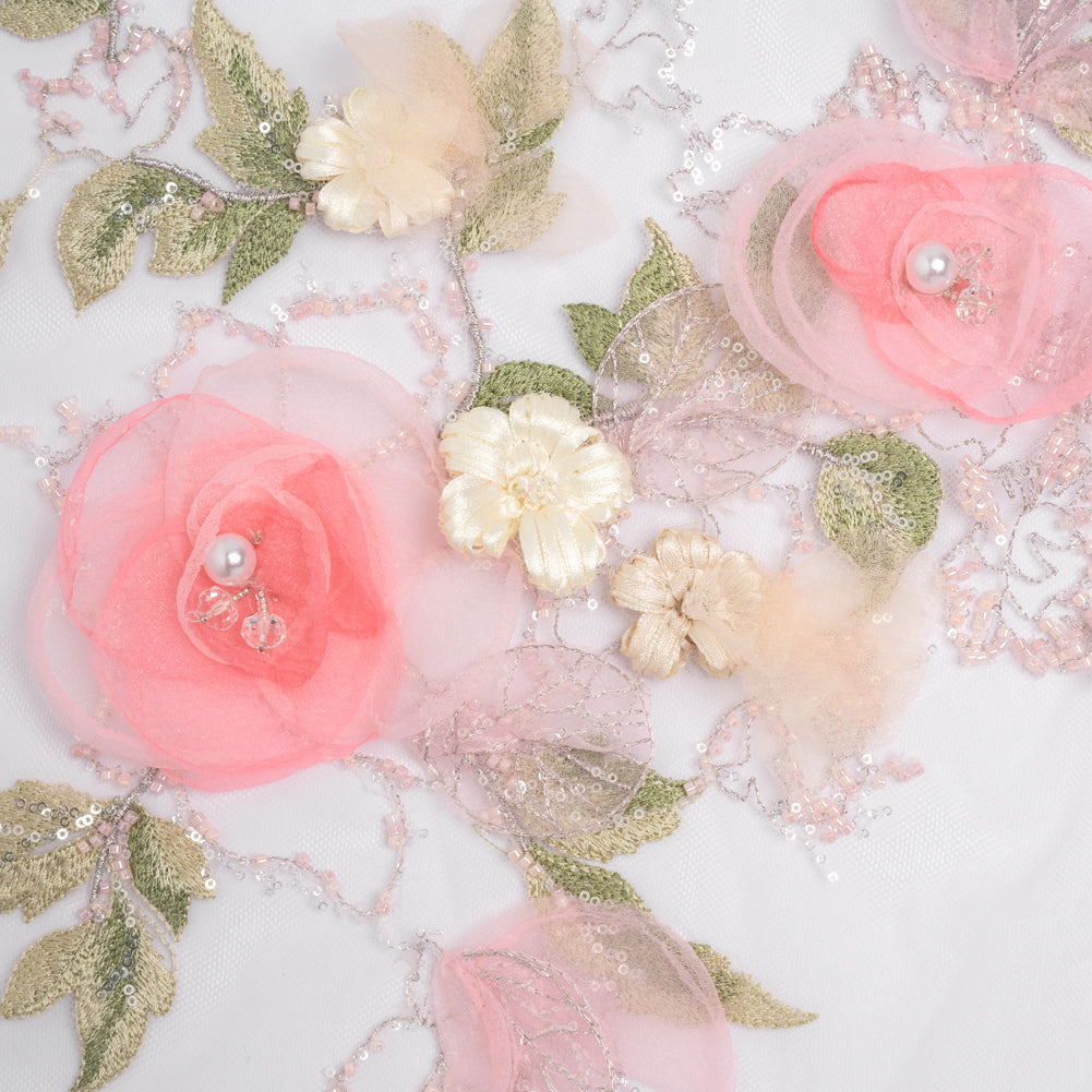 Embroidered and Beaded Tulle with 3D Fabric and Ribbon Flowers - Pink, Silver and Green Floral - Joann Fabrics