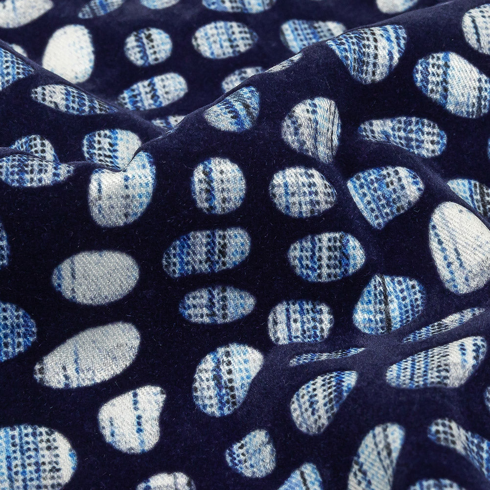 Navy Flocked Bubbles on Blue and White Distressed Stripes Printed Stretch Cotton Twill - Joann Fabrics