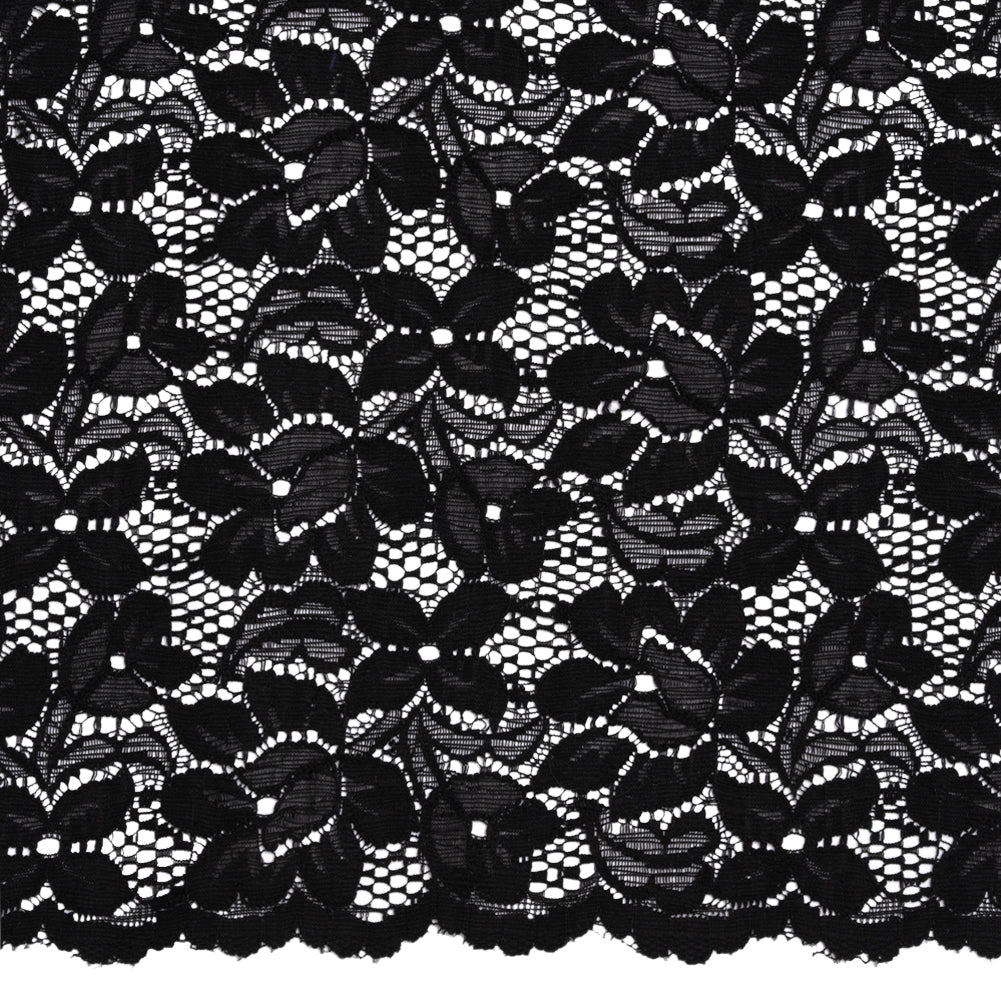 Shimmering Black Floral Stretch Lace Trim with Scalloped Edges - 11.25