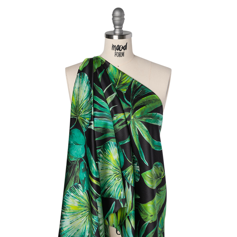 Silk Charmeuse Print 16MM, Made in Italy - Black and Green Tropical Leaves - Joann Fabrics