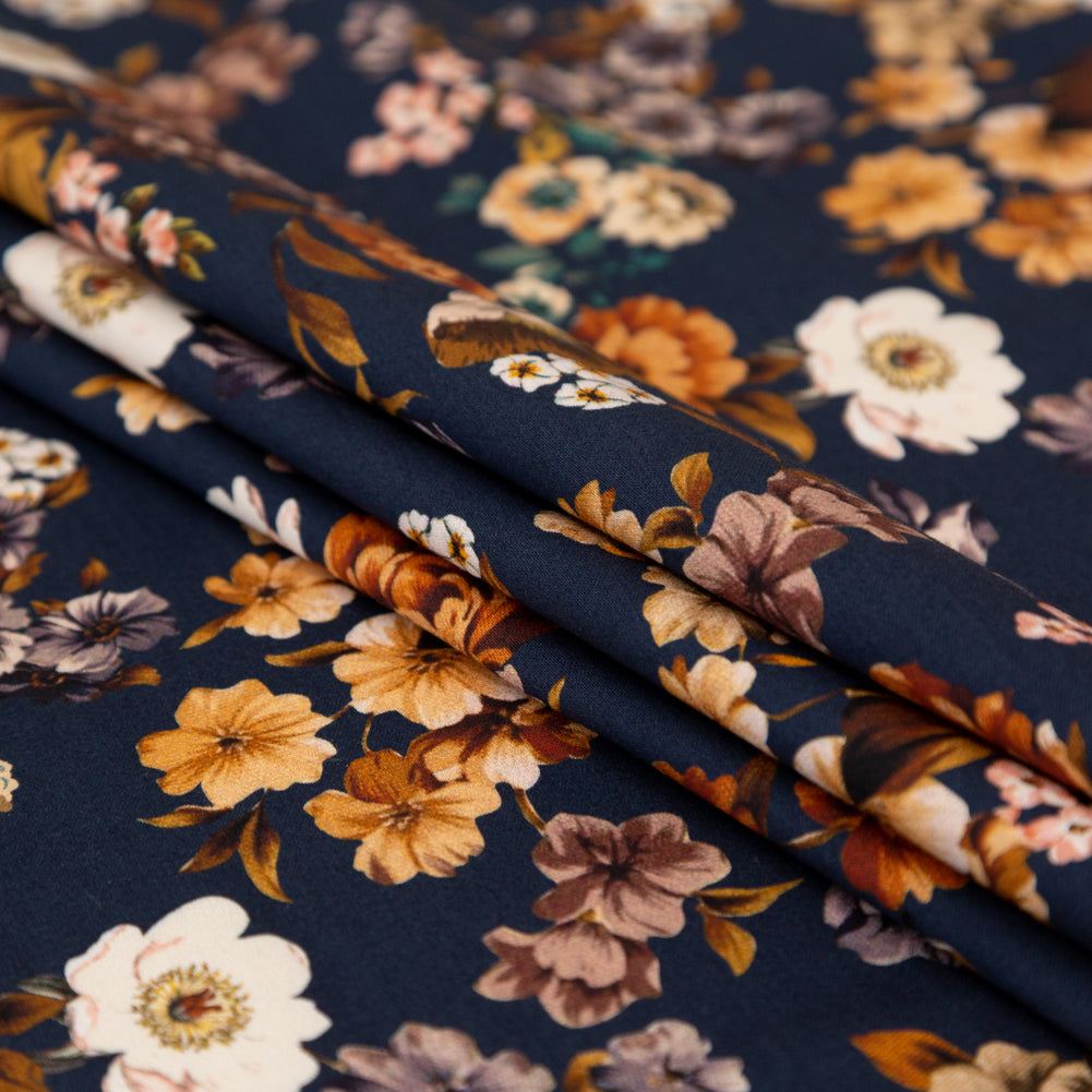 Stretch Cotton Sateen - Navy and Orange Floral - Floral Dreams Print - Mood Exclusive St. Tropez Collection - Joann Fabrics