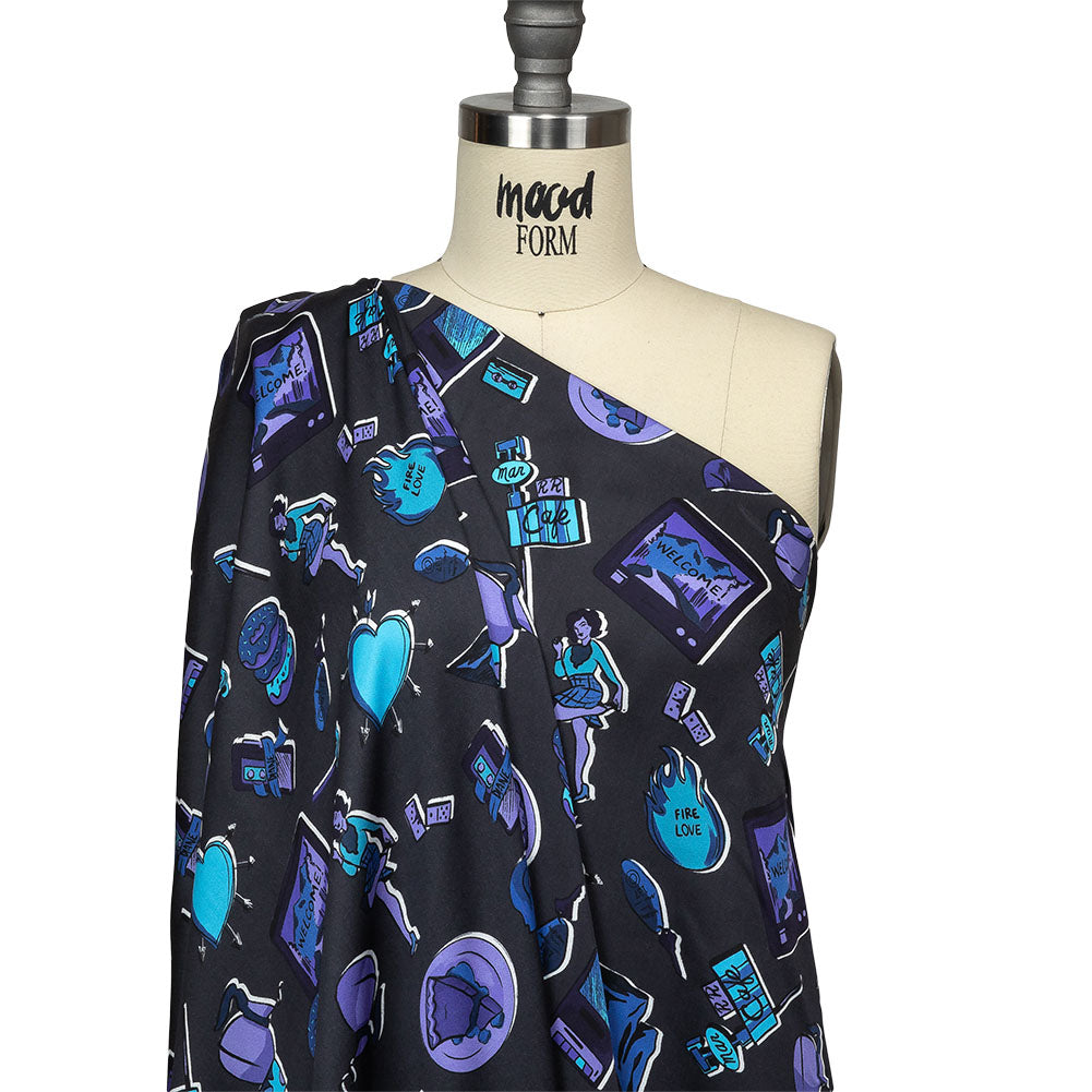 Rayon Challis - Purple and Blue Iconic Symbols - Live at Sun Studio Print - Mood Exclusive Indigo Collection - Joann Fabrics