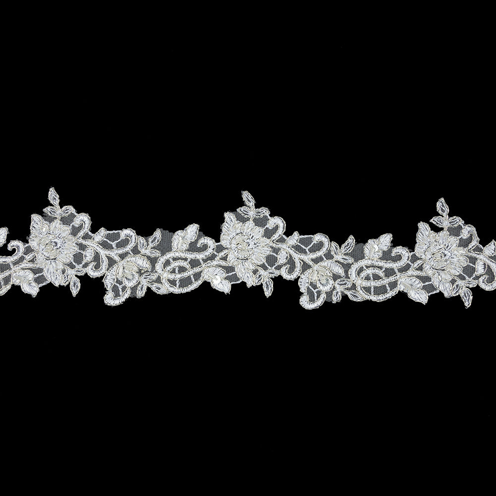 White Floral Beaded Bridal Lace Trim with Metallic Silver Cording - 2.5