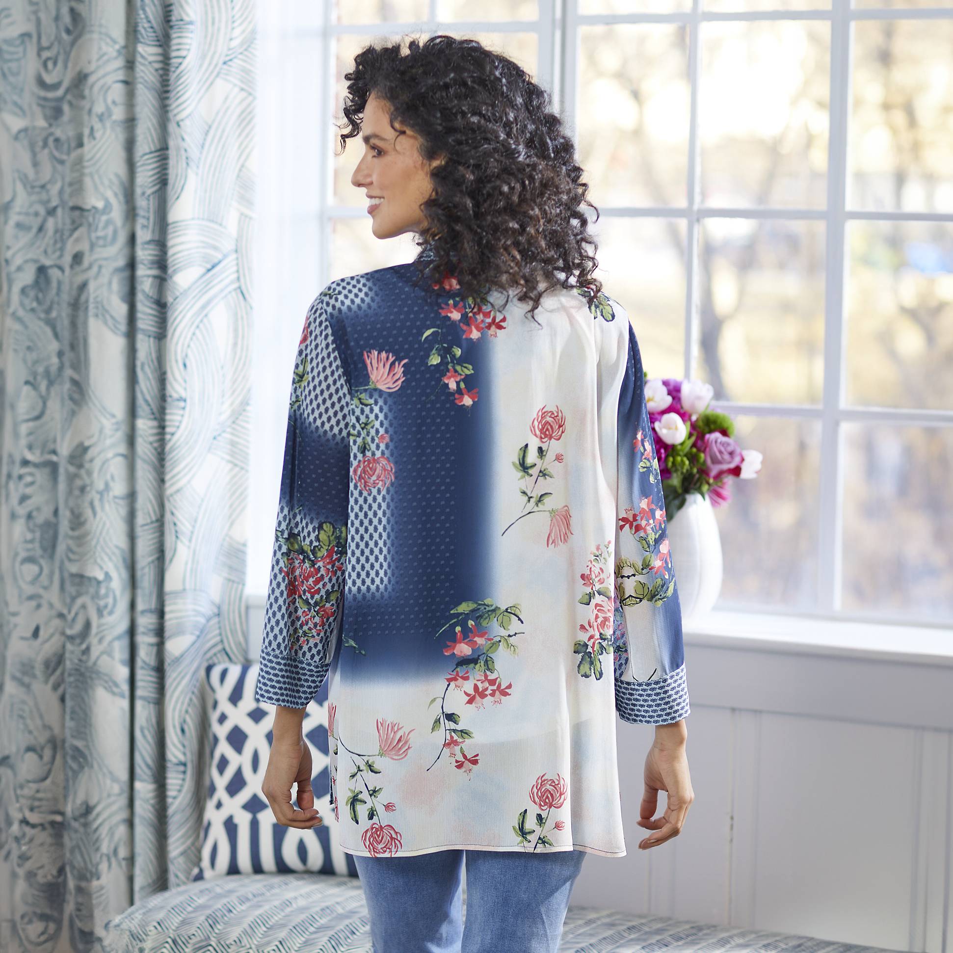 Floral Kimono Jacket, Open Front, 3/4 Sleeves, Lightweight - Northstyle Catalog