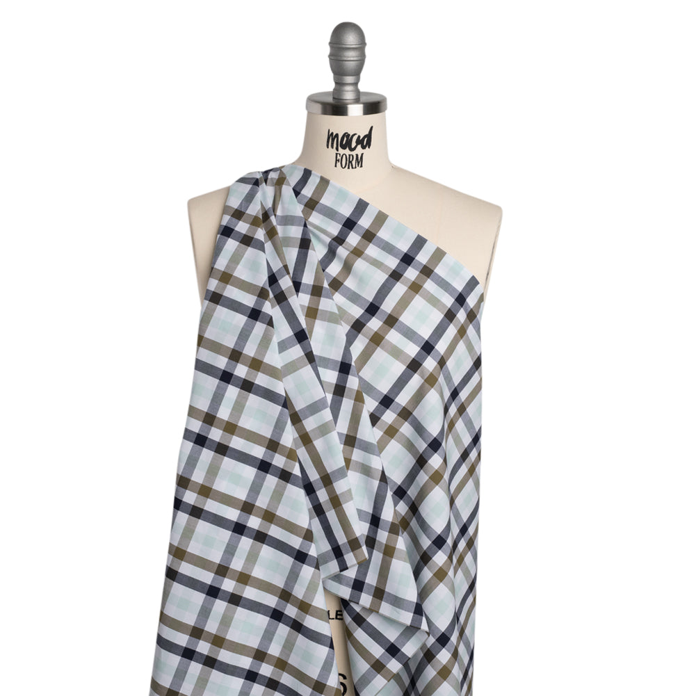 Cotton Shirting - Khaki, Navy and Light Aqua Blue Plaid - Deadstock - Joann Fabrics