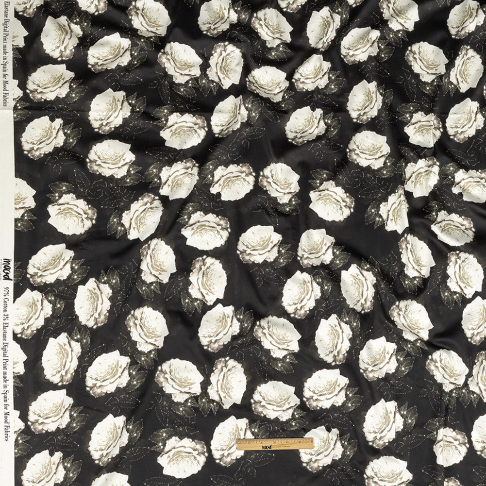 Stretch Cotton Sateen - Black and White Starry Floral - Rose Dread Print - Mood Exclusive Twilight Collection - Joann Fabrics