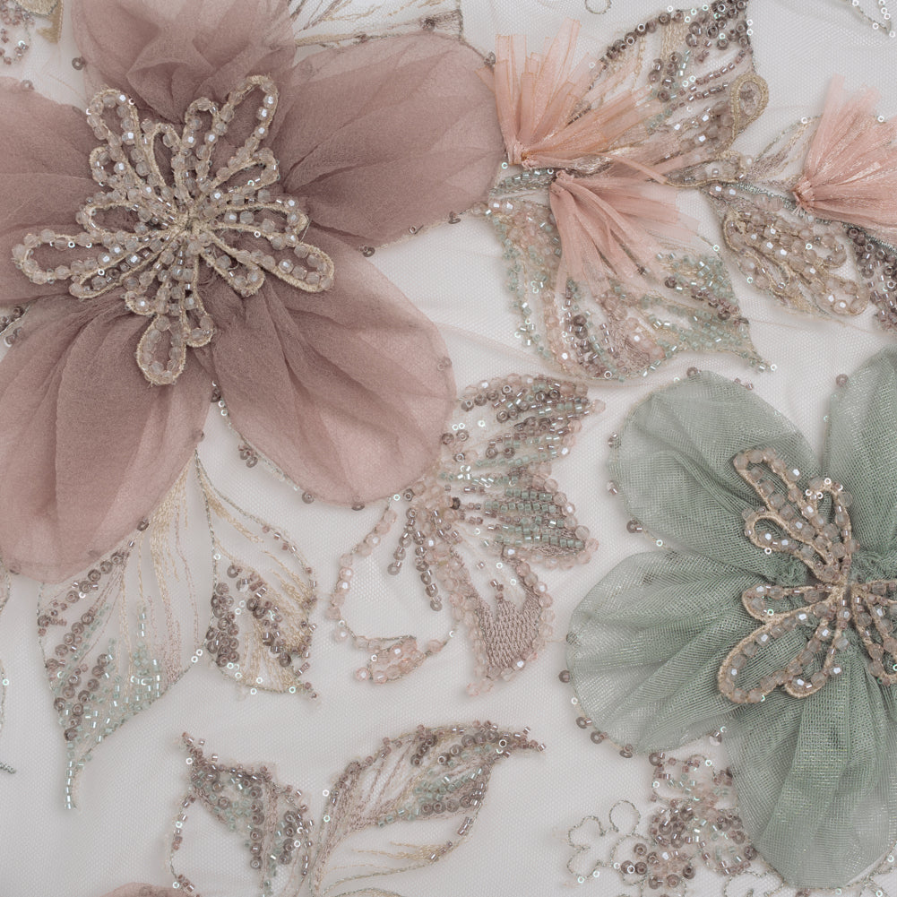 Embroidered and Beaded Tulle with 3D Applique Fabric Flowers - Taupe, Mauve, Mint and Pink Big Flowers - Joann Fabrics
