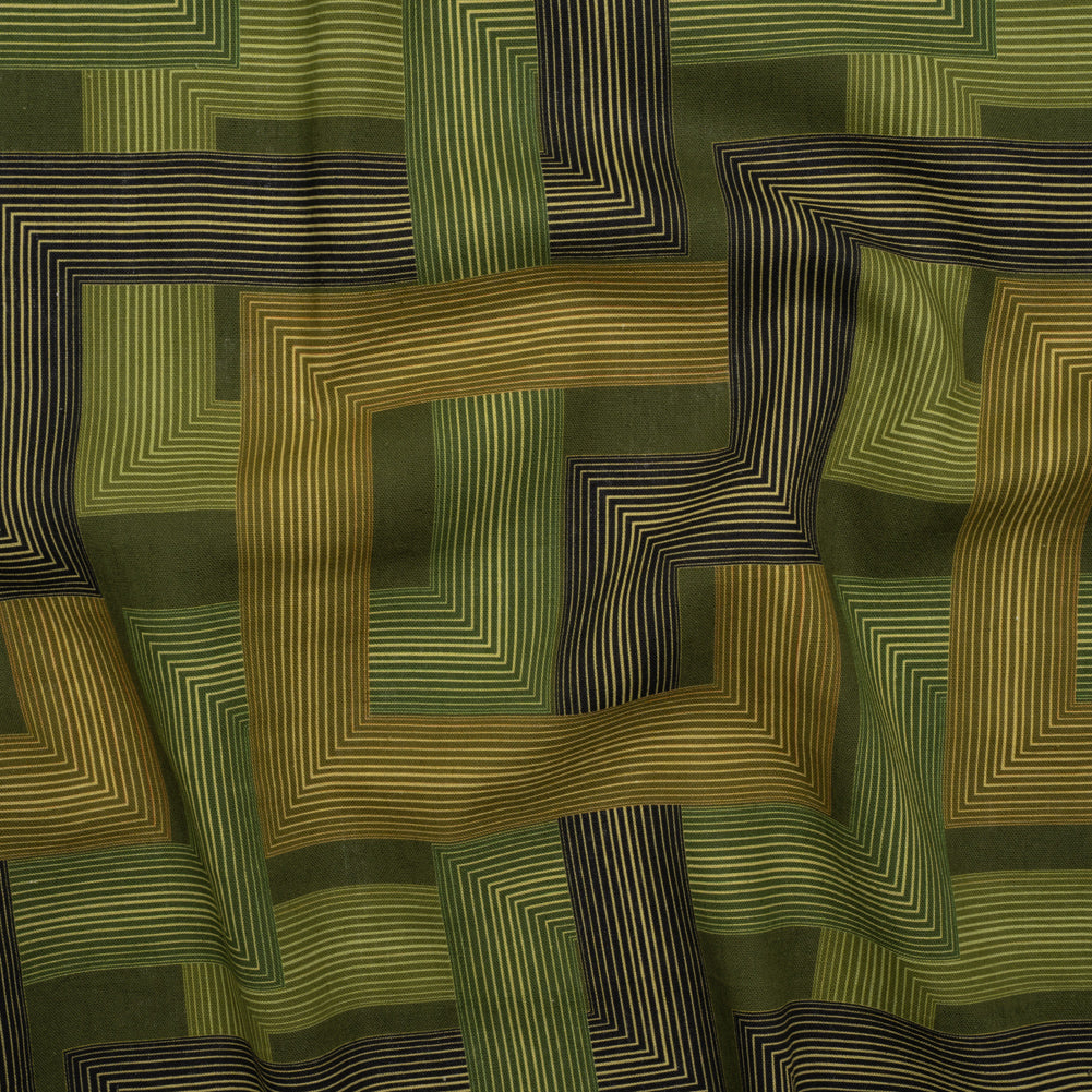 Linen and Rayon Woven - Olive and Hunter Green Geometric Lines - Hedge Maze Print - Mood Exclusive Acadia Collection - Joann Fabrics