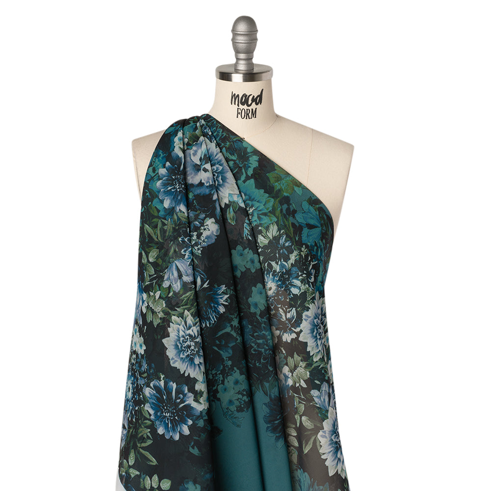 Polyester Chiffon Panel - Dark Green, Blue and White Floral - Designer Deadstock - Joann Fabrics