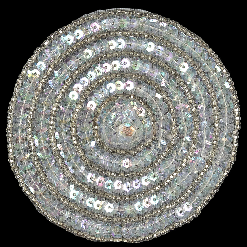 Vintage White Iris Sequins and Silver Lined Seed Beaded Concentric Circles Applique - 3.375