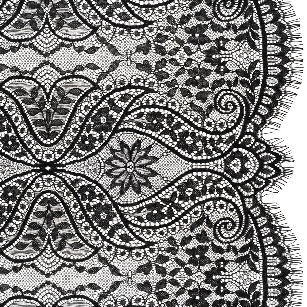 Nylon and Rayon Raschel Lace with Finished Edges - Black Flowers and Swirls - Joann Fabrics