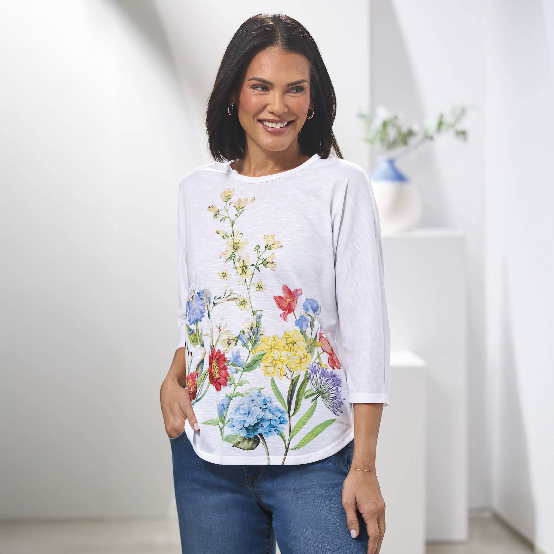 Garden Floral Slub-Knit Top, 3/4 Sleeves, Solid Back - Northstyle Catalog