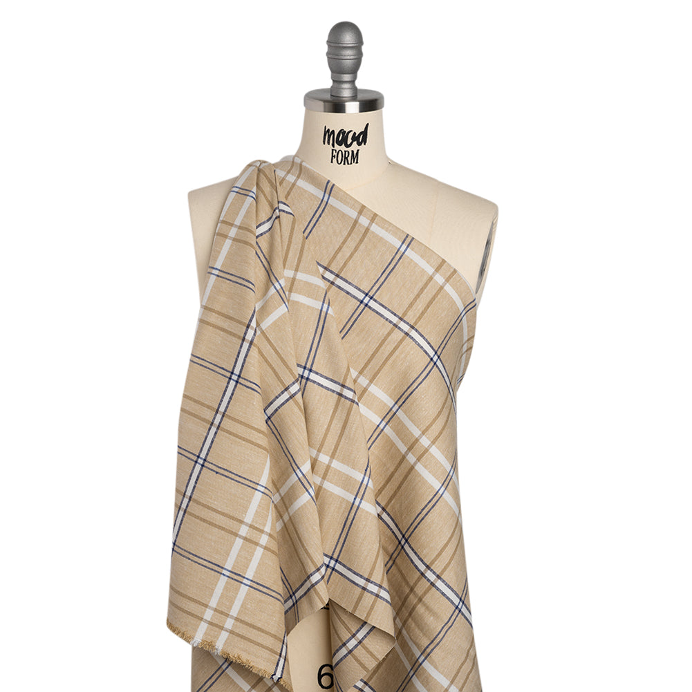 Stretch Linen Woven - Beige, Navy and White Plaid with Metallic Silver Accents - Joann Fabrics