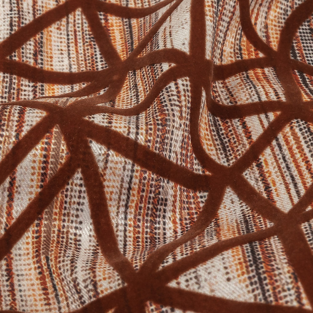 Brown Flocked Geometric Web on Brown, Orange and White Distressed Stripes Stretch Cotton Twill - Joann Fabrics