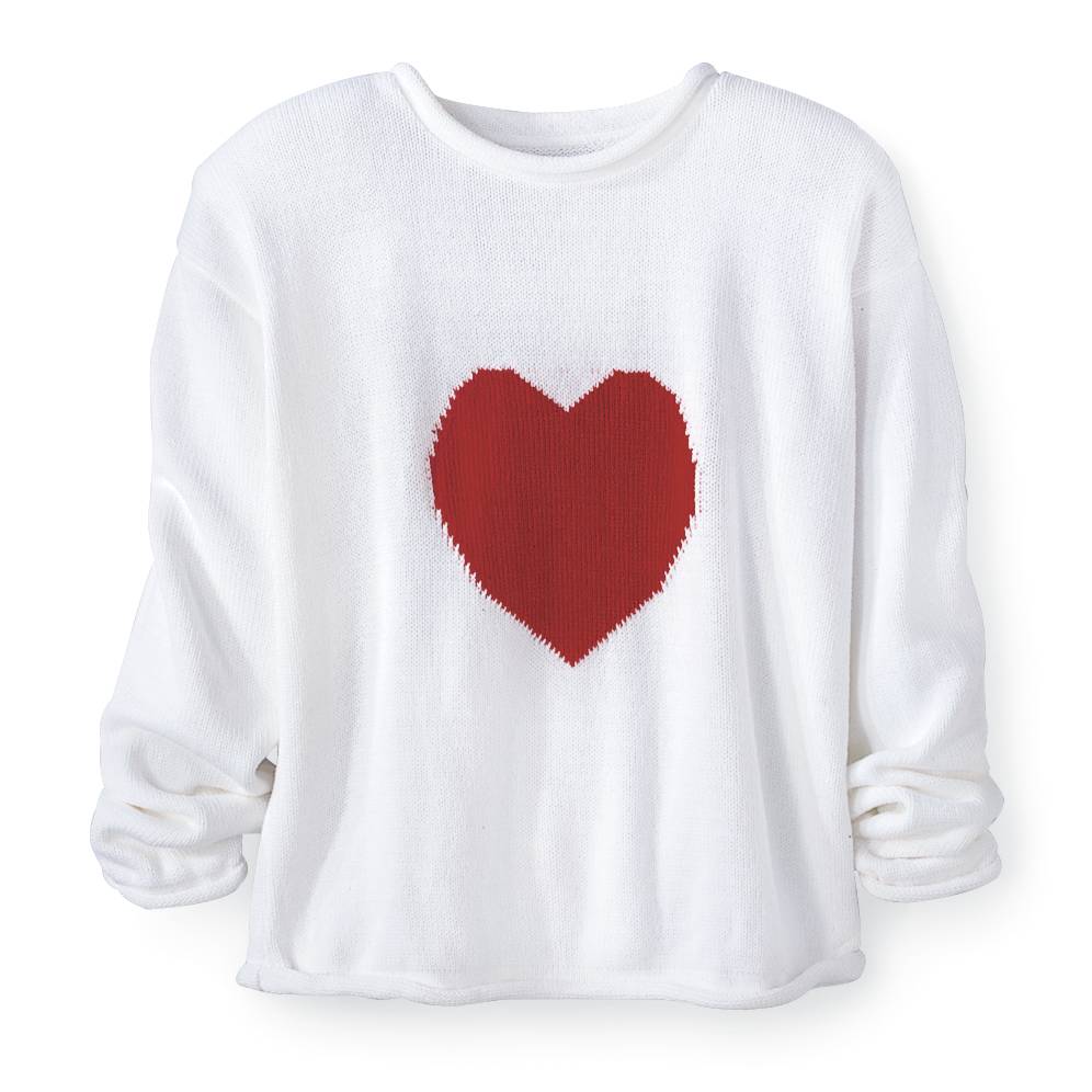 Chenille Heart White Sweater, Plush Knitted-In Red Heart, Rolled Edges - Northstyle Catalog