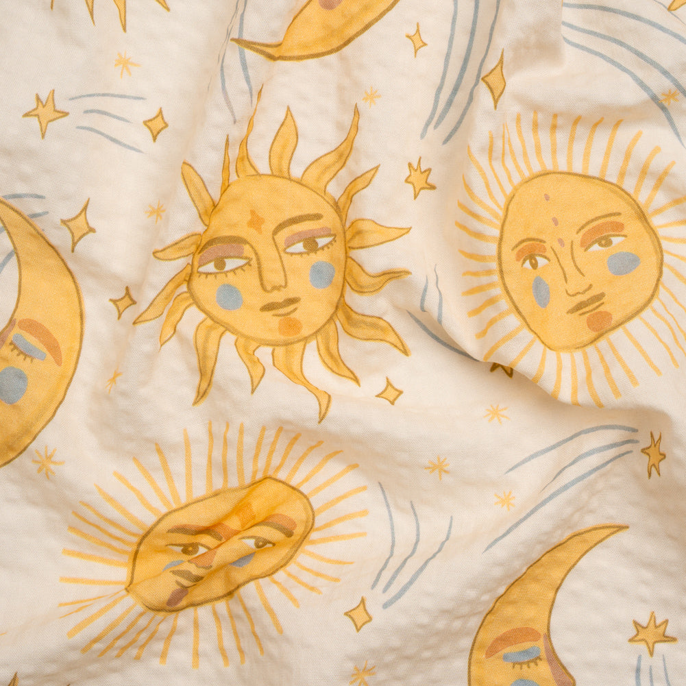 Cotton and Viscose Striped Seersucker Print - Cream Suns and Moons - Mood Exclusive Friendly Faces - Joann Fabrics