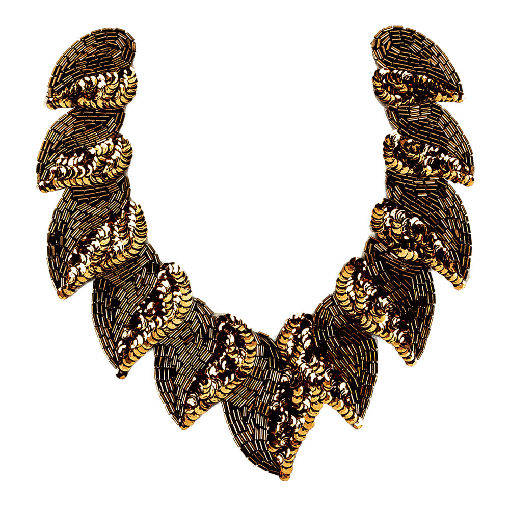 Vintage Fancy Bronze Sequins and Bugle Beaded Neckline Applique - 7.625