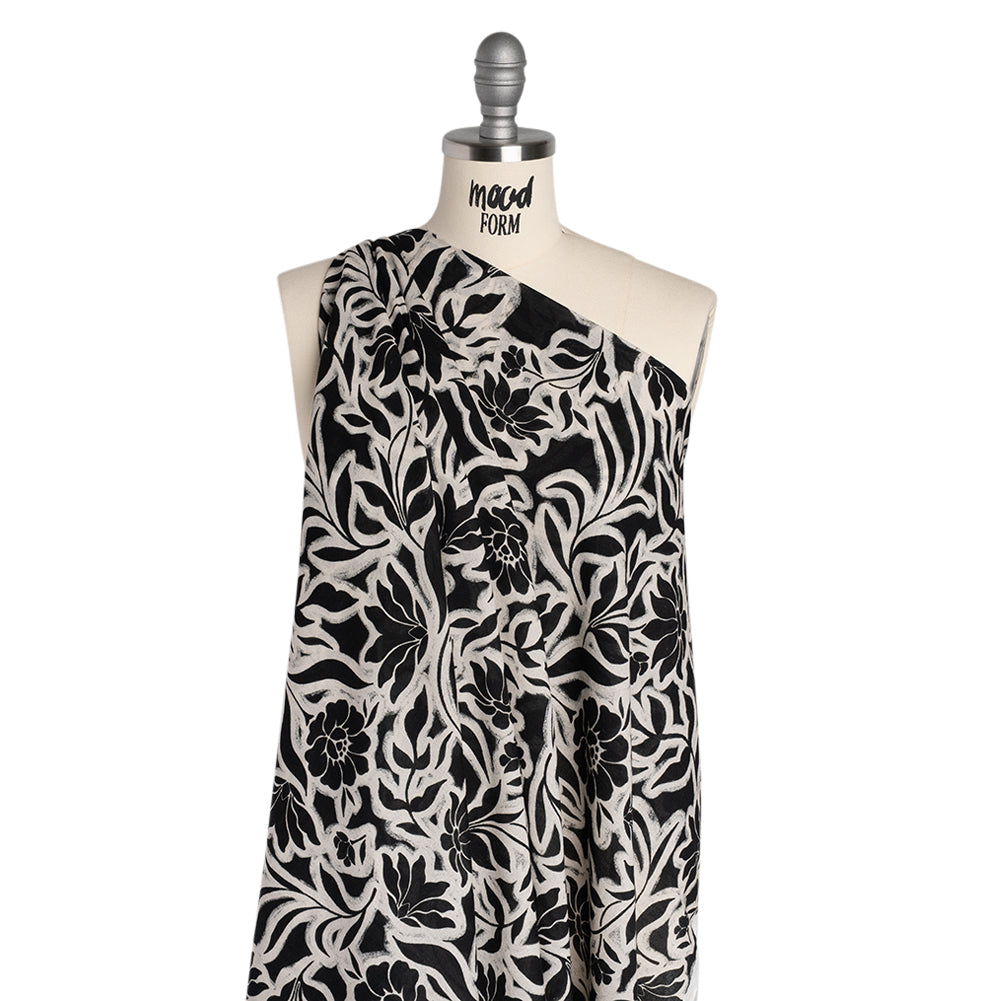 Cotton Crepe - Black and Cream Outlined Flowers - Mood Exclusive Pressed Petals Print - Joann Fabrics