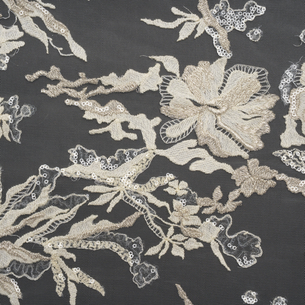 Metallic Embroidered Lace Tulle with Clear Baby Sequins - Ivory and Silver Floral - Joann Fabrics