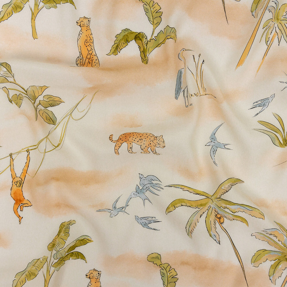 Sustainable Viscose Woven Print - Ivory Animals and Palm Trees - Mood Exclusive Savanna Spectacle - Joann Fabrics