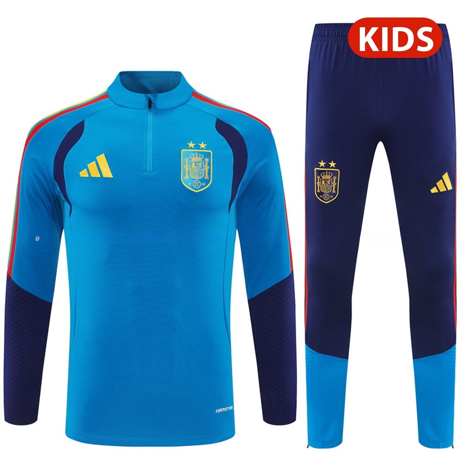 Spain 2026 Kids Long Sleeve Training Set - Lake Blue Top & Deep Blue Pants - UnitedFutballJersey