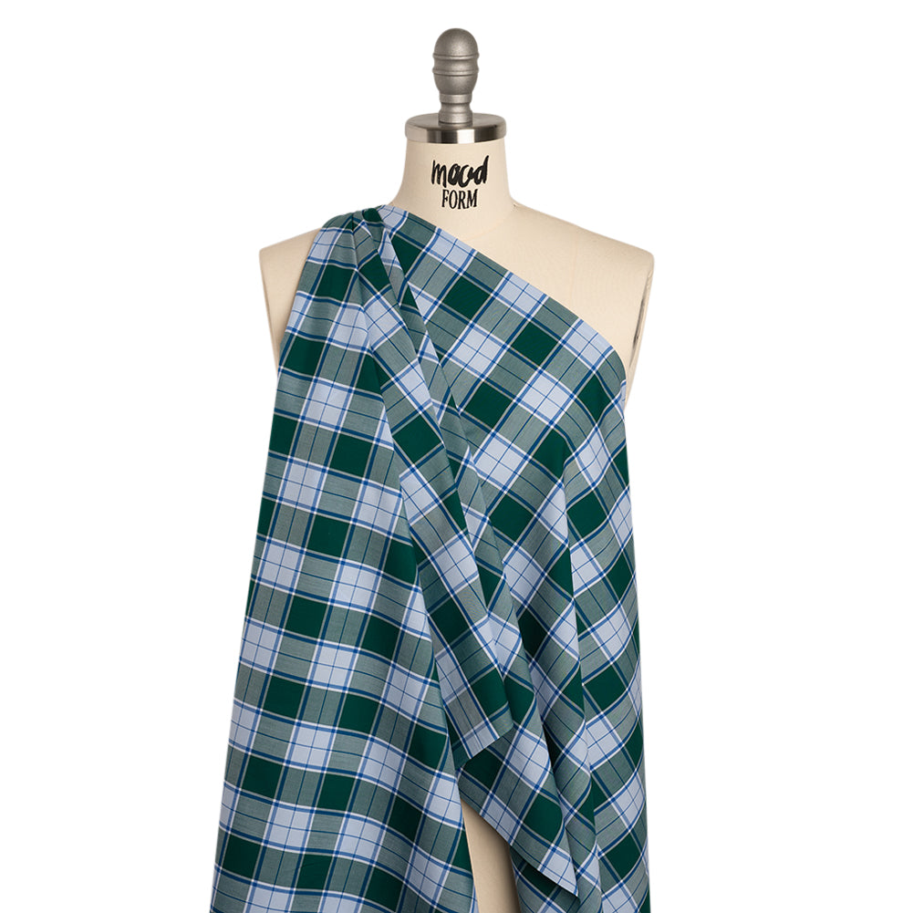 Cotton Shirting - Forest Green and Sky Blue Plaid - Designer Deadstock - Joann Fabrics