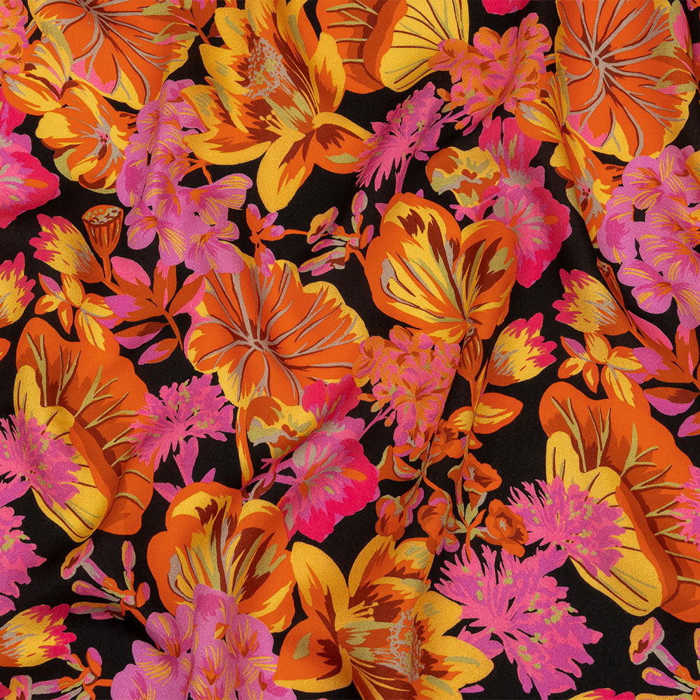 Rayon Challis - Black, Pink and Yellow Floral - Tangerine Dreams Print - Mood Exclusive Citrus Collection - Joann Fabrics