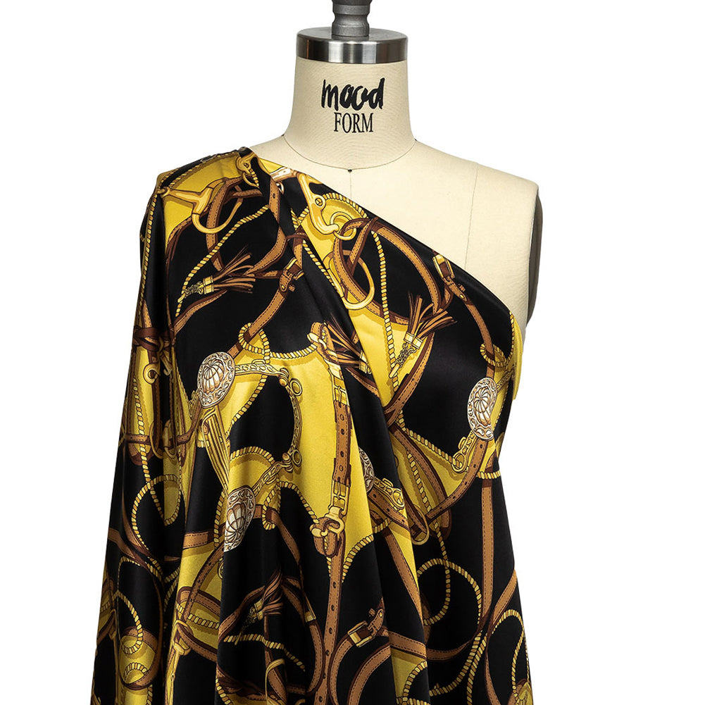 Mood Exclusive Italian Black, Yellow and Brown Bridles and Reins Silk Charmeuse Panel - Joann Fabrics