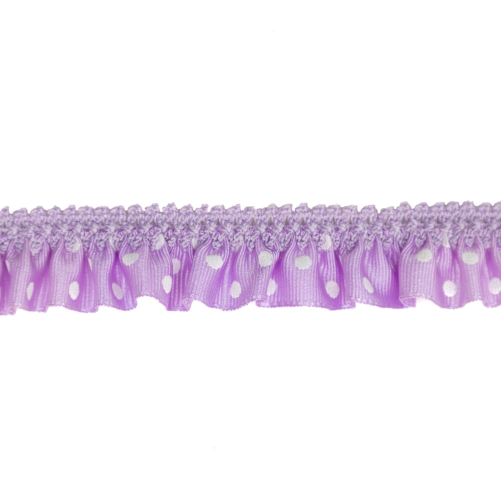 European Lavender and White Polka Dot Ruffled Stretch Grosgrain .875