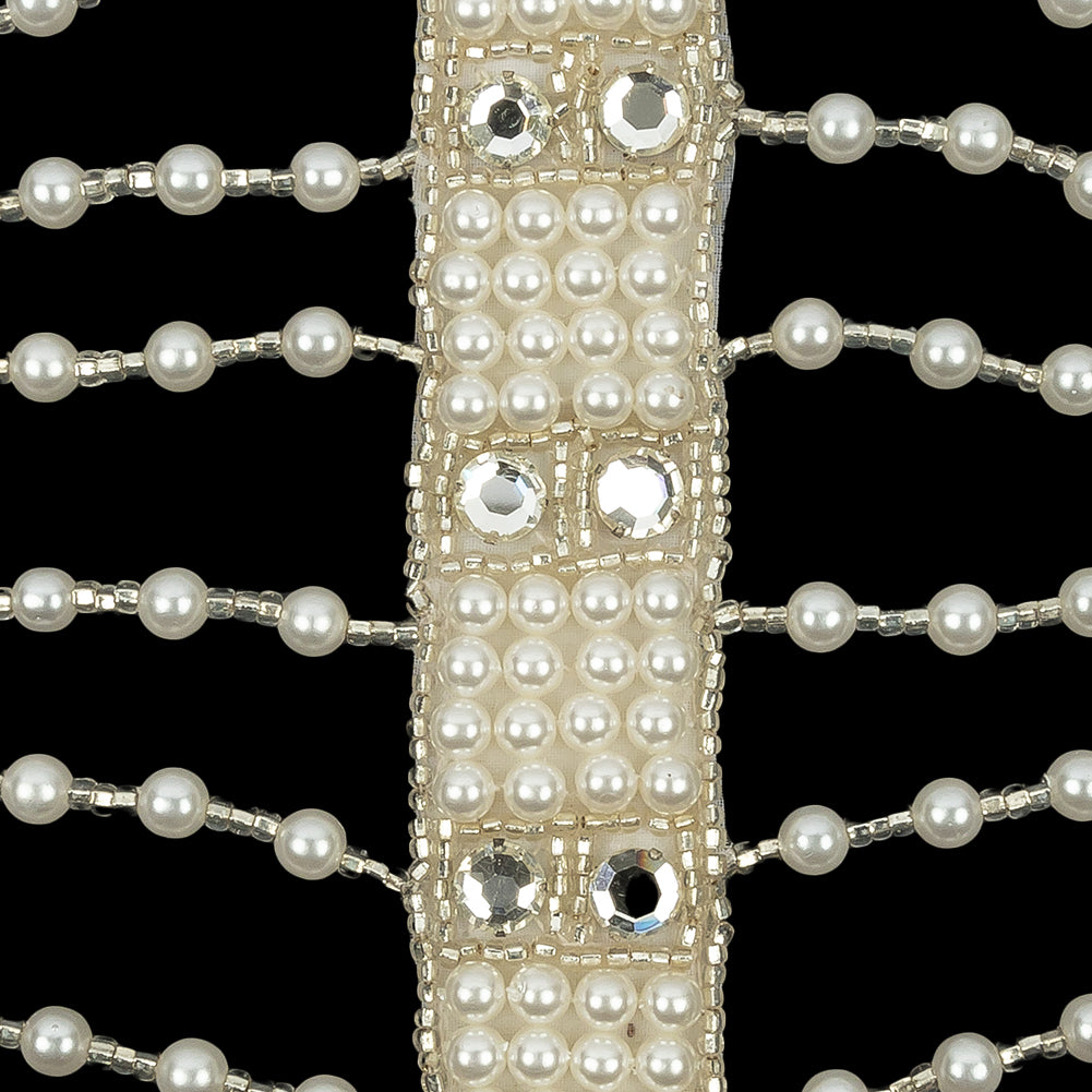 Vintage Silver, Faux Pearl and Crystal Beaded and Rhinestone Rectangles and Chains Applique - 4.5