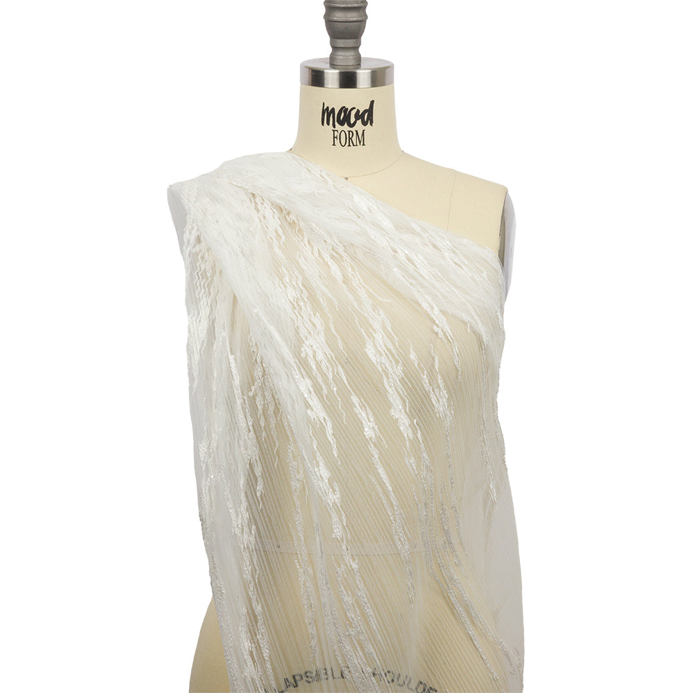 Embroidered Soft Pleated Tulle with Clear Baby Sequins - Off White Abstract - Linden Collection - Joann Fabrics