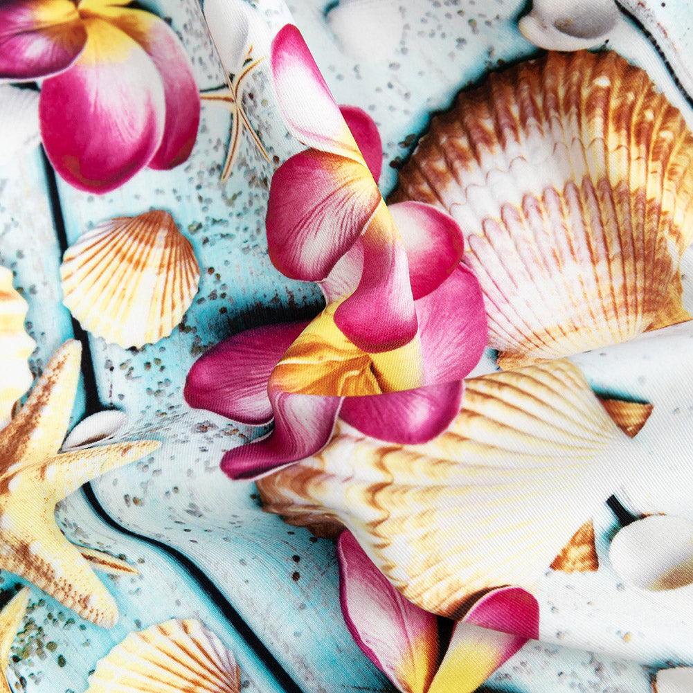 Compression Swimwear Tricot, UV Protective with Aloe Vera Microcapsules - Shells on an Aqua Boardwalk - Caye Collection - Joann Fabrics