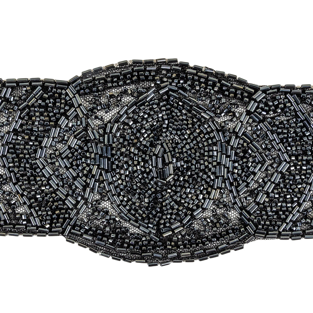 Vintage Gunmetal Bugle and Seed Beaded Abstract Mesh-Backed Applique - 13.25
