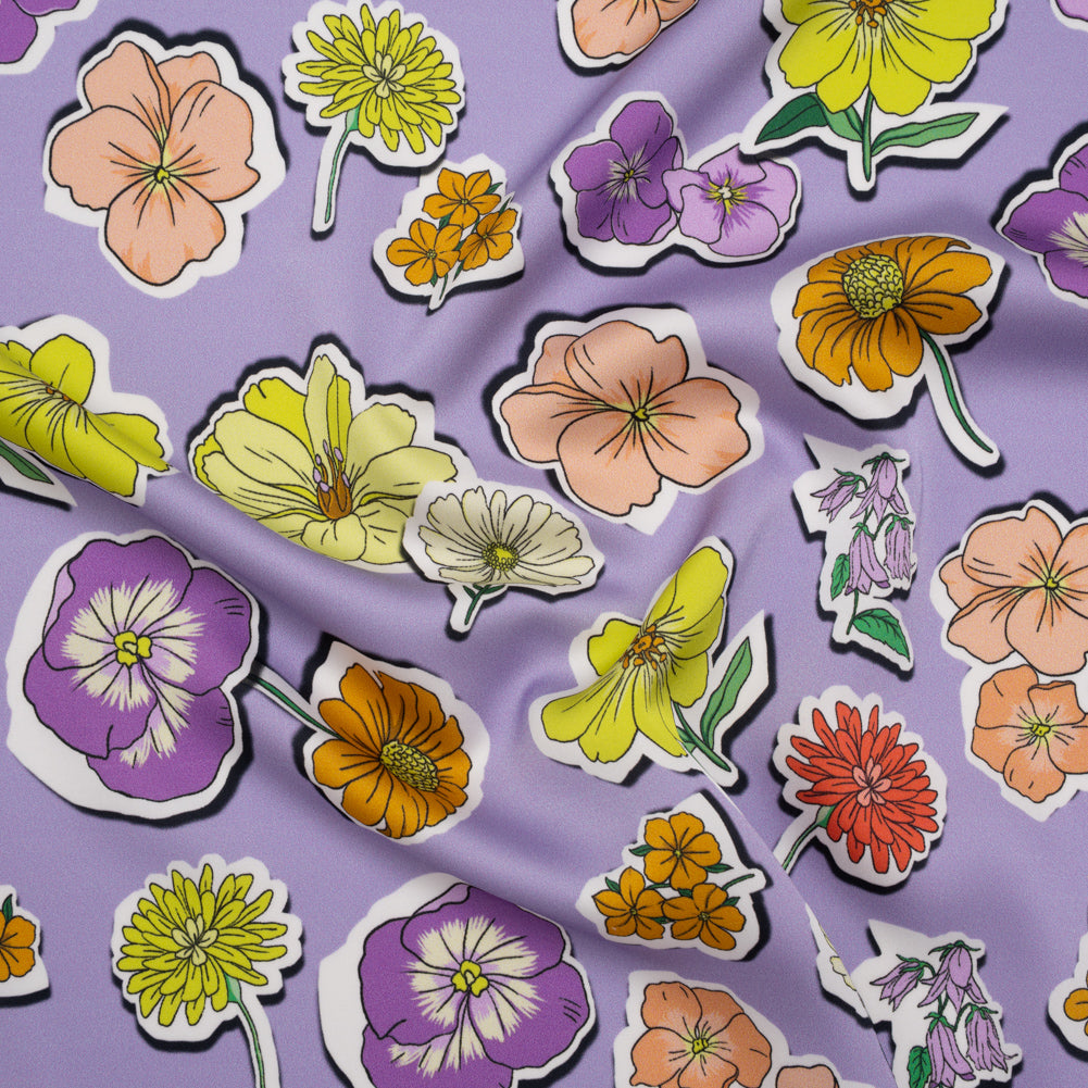 Polyester Satin - Lavender, Lime Green and Orange Little Floral Stickers - Mood Exclusive Sticker Garden Print - Joann Fabrics
