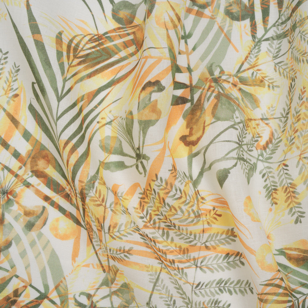Medium Weight Linen Woven Print - Sage Green, Orange and White Elegant Palm Silhouettes - Joann Fabrics